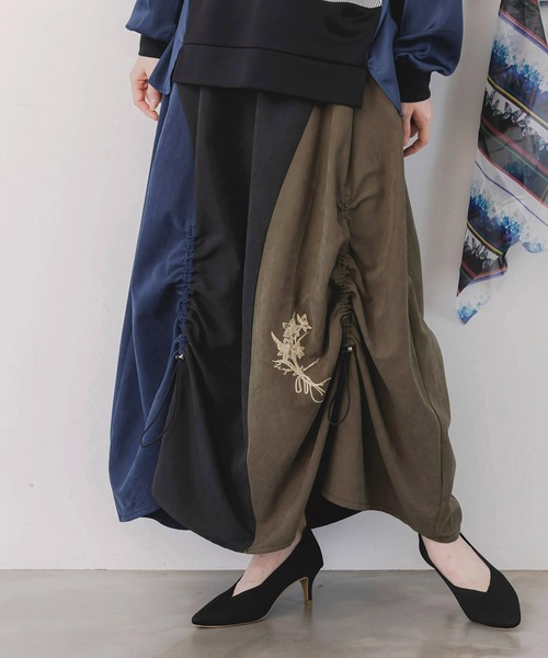 セール】553234：花刺繍バイカラー切替 ドロストスカート（スカート
