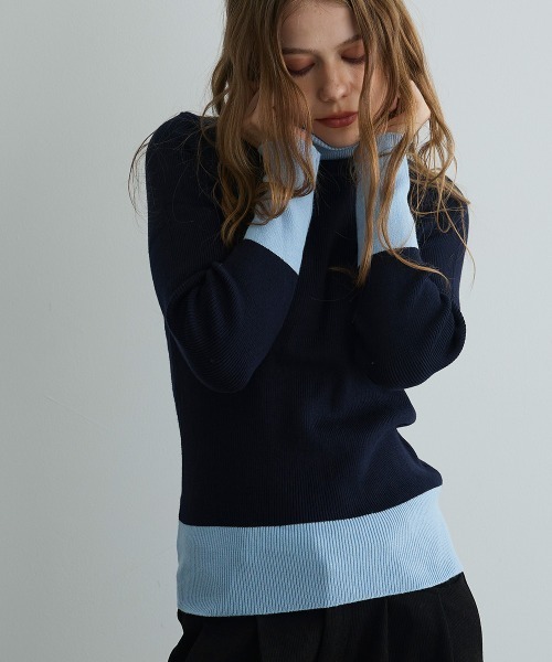 Mirette(ミレット)の「バイカラーニットタートルプルオーバー / Bi-Color Knit Turtle Pullover(ニット/セーター・レディース・ネイビー/グリーン・FREE)」の2枚目の写真