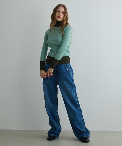 Mirette(ミレット)の「バイカラーニットタートルプルオーバー / Bi-Color Knit Turtle Pullover(ニット/セーター・レディース・ネイビー/グリーン・FREE)」の3枚目の写真
