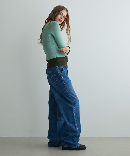 Mirette(ミレット)の「バイカラーニットタートルプルオーバー / Bi-Color Knit Turtle Pullover(ニット/セーター・レディース・ネイビー/グリーン・FREE)」の6枚目の写真