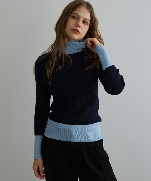 Mirette(ミレット)の「バイカラーニットタートルプルオーバー / Bi-Color Knit Turtle Pullover(ニット/セーター・レディース・ネイビー/グリーン・FREE)」の9枚目の写真