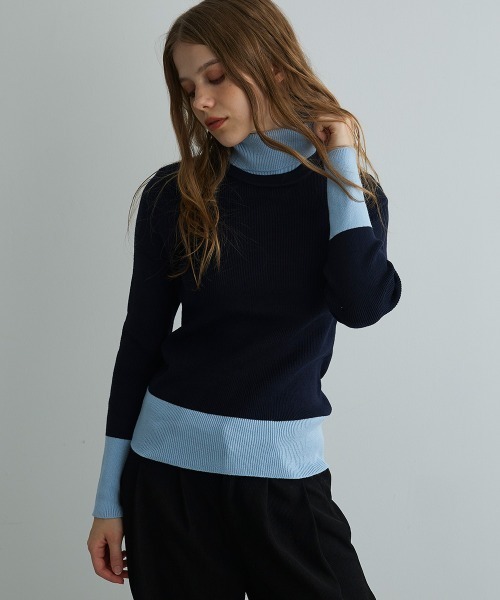 Mirette(ミレット)の「バイカラーニットタートルプルオーバー / Bi-Color Knit Turtle Pullover(ニット/セーター・レディース・ネイビー/グリーン・FREE)」の10枚目の写真