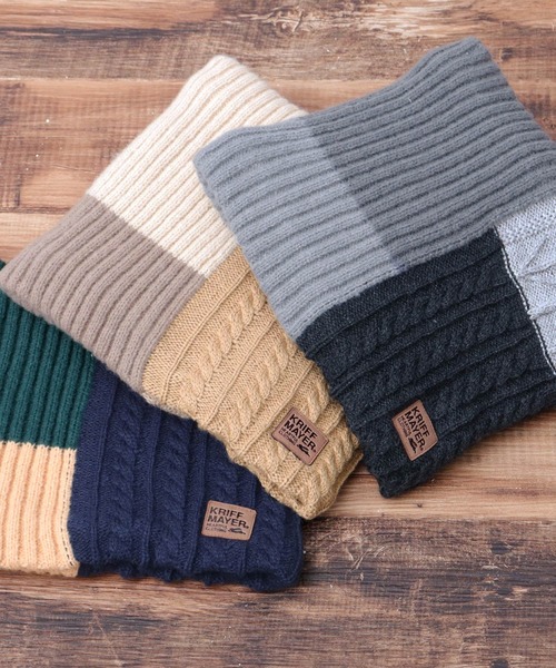 KRIFF MAYER（クリフメイヤー）の「切替編み パネルニット 裏ボア ロングネックウォーマー（ネックウォーマー/スヌード・メンズ・マルチ/ブラック/ベージュ・FREE）」の12枚目の写真