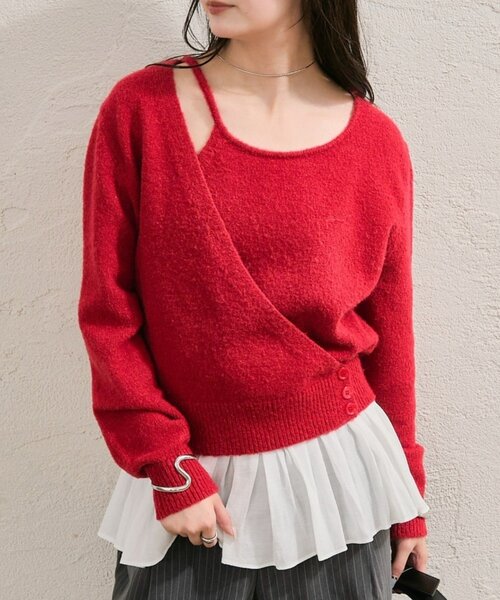 セール】【一枚でレイヤード風スタイルに◎】ペプラムドッキングニット
