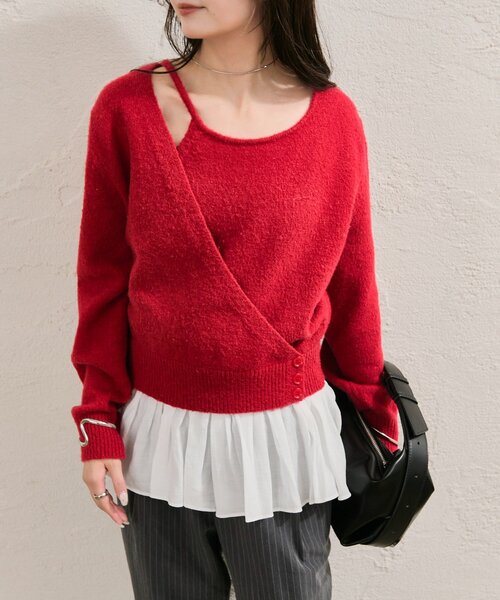 セール】【一枚でレイヤード風スタイルに◎】ペプラムドッキングニット