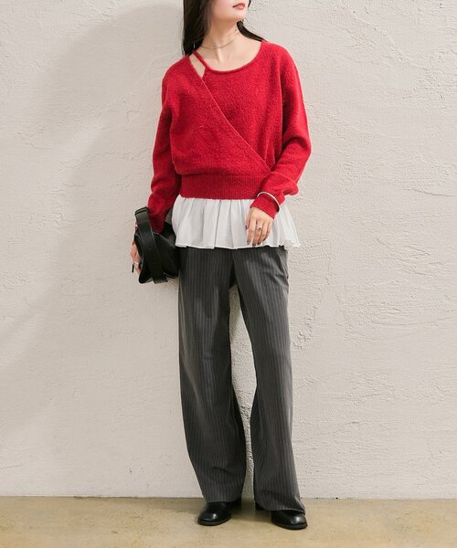 セール】【一枚でレイヤード風スタイルに◎】ペプラムドッキングニット