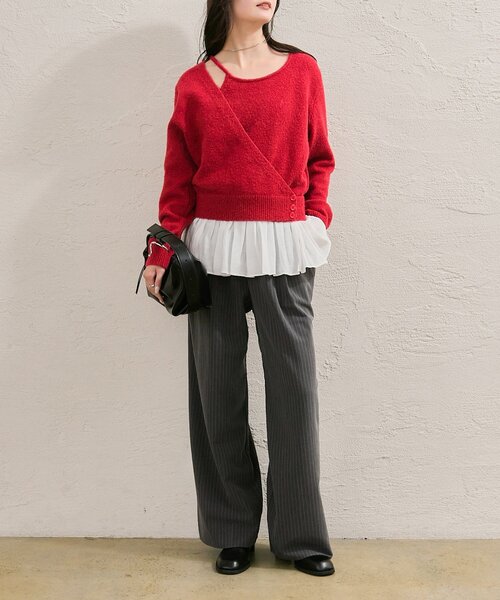 セール】【一枚でレイヤード風スタイルに◎】ペプラムドッキングニット