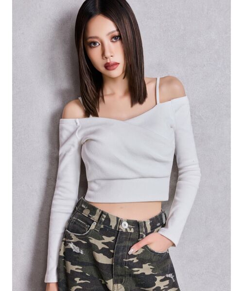 GYDA（ジェイダ）の「カシュクールデザインオフショルトップス（Tシャツ/カットソー・レディース・オフホワイト/オレンジ/ブラック・FREE）」の4枚目の写真