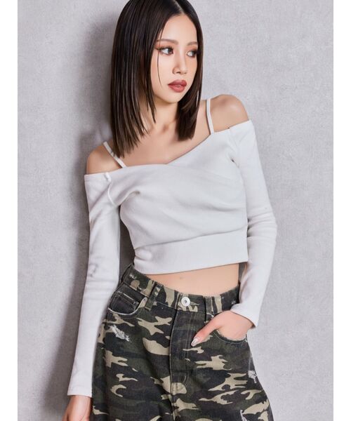 GYDA（ジェイダ）の「カシュクールデザインオフショルトップス（Tシャツ/カットソー・レディース・オフホワイト/オレンジ/ブラック・FREE）」の5枚目の写真