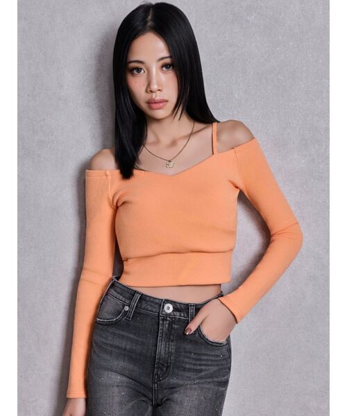 GYDA（ジェイダ）の「カシュクールデザインオフショルトップス（Tシャツ/カットソー・レディース・オフホワイト/オレンジ/ブラック・FREE）」の12枚目の写真