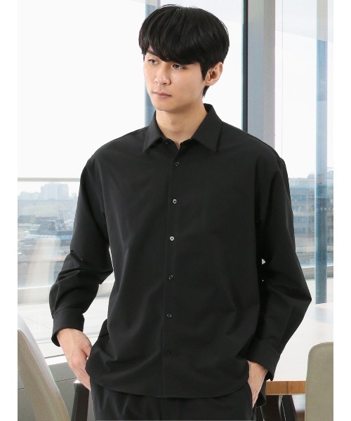 m.f.editorial（エムエフエディトリアル）の「【ストレッチ 防シワ】m.f.エディトリアル メンズ レギュラーカラー長袖シャツ(セットアップ可能)（シャツ/ブラウス・メンズ・グレー系その他2/ブラック・MEDIUM/LARGE/X-LARGE）」の2枚目の写真