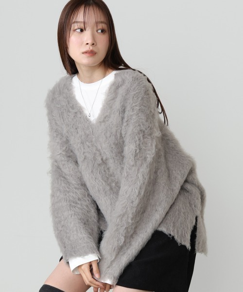 Bab(バブ)の「インナーセットキーネックケガキニットトップス(ニット/セーター・レディース・オフホワイト/ライトグリーン/グレー・FREE)」の3枚目の写真