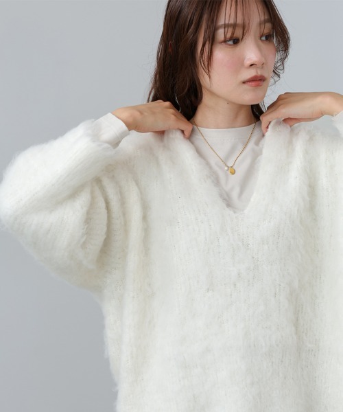 Bab(バブ)の「インナーセットキーネックケガキニットトップス(ニット/セーター・レディース・オフホワイト/ライトグリーン/グレー・FREE)」の5枚目の写真