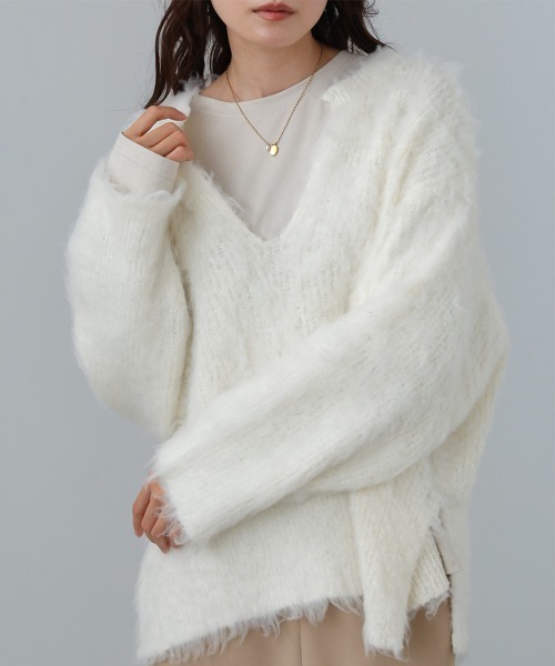 Bab(バブ)の「インナーセットキーネックケガキニットトップス(ニット/セーター・レディース・オフホワイト/ライトグリーン/グレー・FREE)」の8枚目の写真