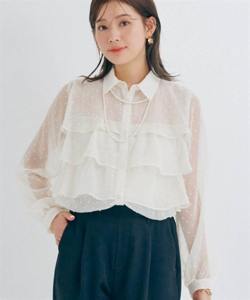 nissen（ニッセン）の「シアードットフリルブラウス（シャツ/ブラウス・レディース・キナリ/ブラック/ピンクベージュ・S/M/L/LL）」の2枚目の写真