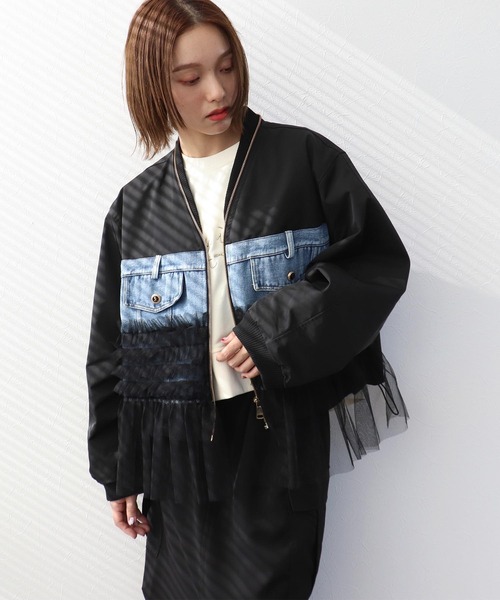 Three Four Time（ｽﾘｰﾌｫｰﾀｲﾑ）の「デニムチュールドッキングブルゾン（ブルゾン・レディース・ブラック・FREE）」の3枚目の写真