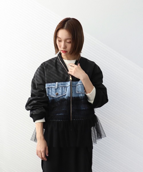 Three Four Time（ｽﾘｰﾌｫｰﾀｲﾑ）の「デニムチュールドッキングブルゾン（ブルゾン・レディース・ブラック・FREE）」の7枚目の写真
