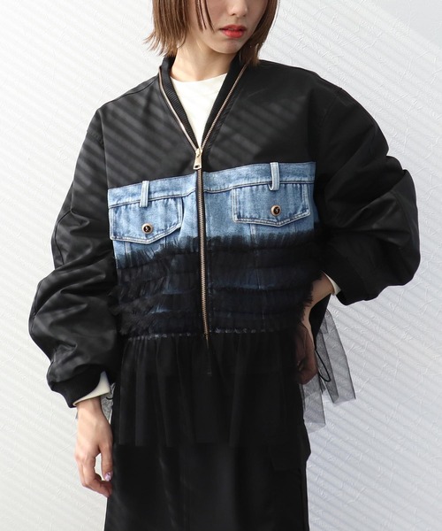 Three Four Time（ｽﾘｰﾌｫｰﾀｲﾑ）の「デニムチュールドッキングブルゾン（ブルゾン・レディース・ブラック・FREE）」の8枚目の写真