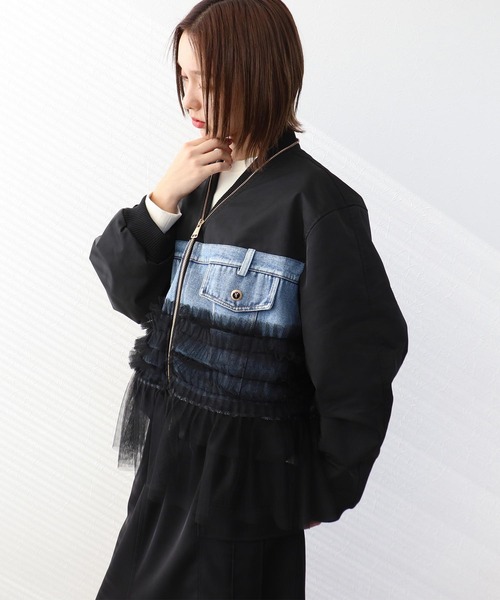 Three Four Time（ｽﾘｰﾌｫｰﾀｲﾑ）の「デニムチュールドッキングブルゾン（ブルゾン・レディース・ブラック・FREE）」の9枚目の写真