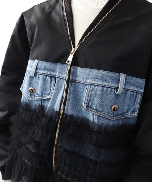 Three Four Time（ｽﾘｰﾌｫｰﾀｲﾑ）の「デニムチュールドッキングブルゾン（ブルゾン・レディース・ブラック・FREE）」の10枚目の写真