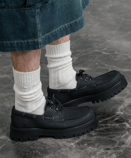 フェイクレザー厚底モカシンボートシューズ/デッキシューズ（モカシン