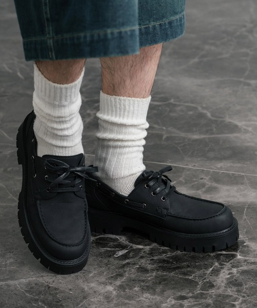 フェイクレザー厚底モカシンボートシューズ/デッキシューズ（モカシン