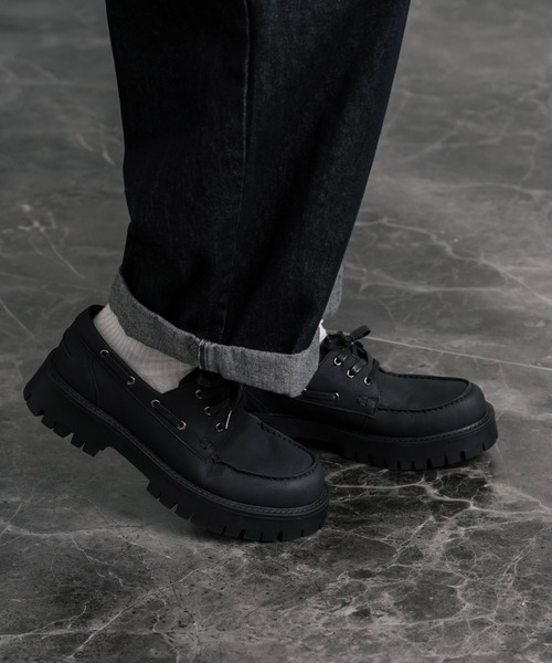 フェイクレザー厚底モカシンボートシューズ/デッキシューズ（モカシン