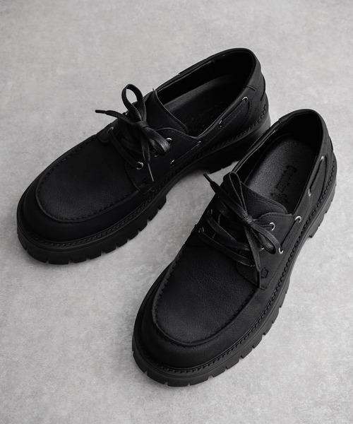 フェイクレザー厚底モカシンボートシューズ/デッキシューズ（モカシン