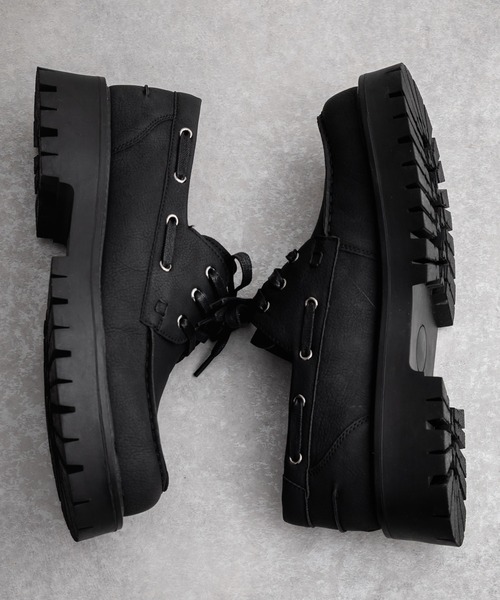 フェイクレザー厚底モカシンボートシューズ/デッキシューズ（モカシン