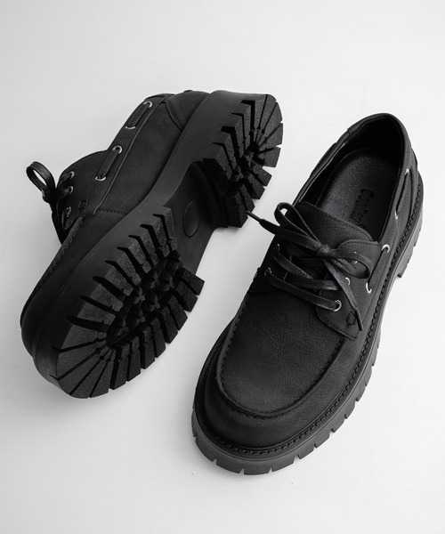 フェイクレザー厚底モカシンボートシューズ/デッキシューズ（モカシン