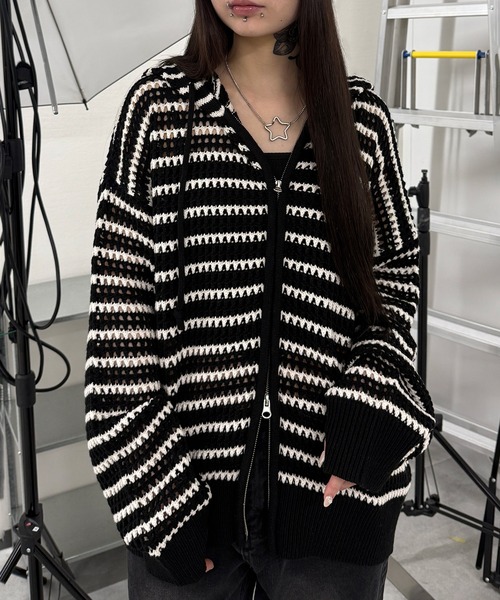 Figments（フィグメンツ）の「ボーダーメッシュニットジップパーカー（パーカー・レディース・ダークグレー/ブラック・FREE）」の2枚目の写真