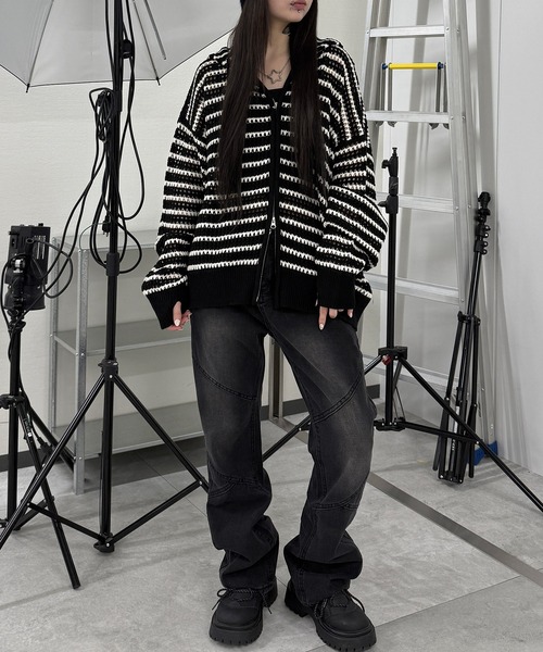 Figments（フィグメンツ）の「ボーダーメッシュニットジップパーカー（パーカー・レディース・ダークグレー/ブラック・FREE）」の3枚目の写真