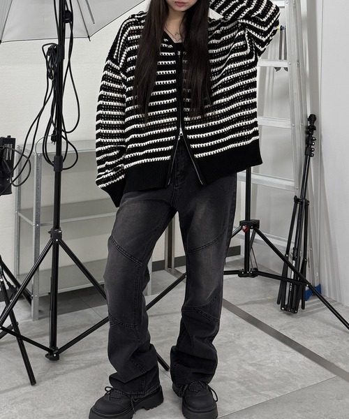 Figments（フィグメンツ）の「ボーダーメッシュニットジップパーカー（パーカー・レディース・ダークグレー/ブラック・FREE）」の4枚目の写真