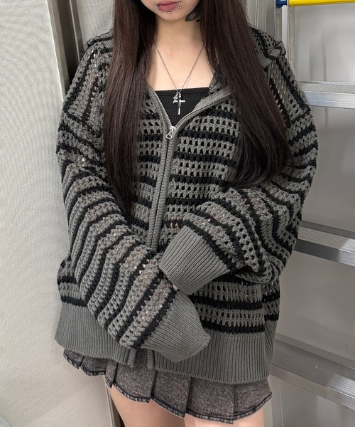 Figments（フィグメンツ）の「ボーダーメッシュニットジップパーカー（パーカー・レディース・ダークグレー/ブラック・FREE）」の7枚目の写真