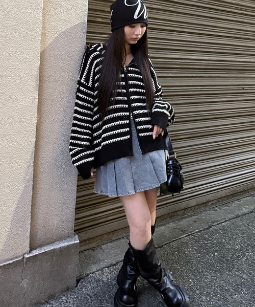 Figments（フィグメンツ）の「ボーダーメッシュニットジップパーカー（パーカー・レディース・ダークグレー/ブラック・FREE）」の8枚目の写真