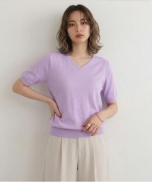 洗えるUVカット綿100%Vネック半袖ニット<大きいサイズ有>