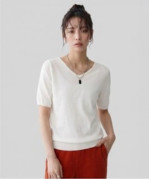 洗えるUVカット綿100%Vネック半袖ニット<大きいサイズ有>