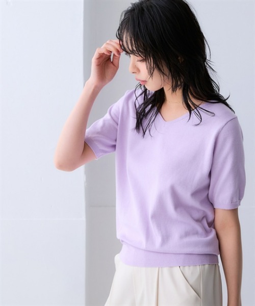 nissen(ニッセン)の「洗えるUVカット綿100%Vネック半袖ニット<大きいサイズ有>(ニット/セーター・レディース・ブルー系その他/グリーン/ブラック/グレイッシュベージュ/ライラック/グレー/オフホワイト・S/M/L/LL/3L)」の13枚目の写真