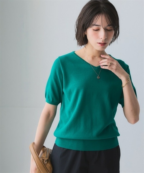 nissen(ニッセン)の「洗えるUVカット綿100%Vネック半袖ニット<大きいサイズ有>(ニット/セーター・レディース・ブルー系その他/グリーン/ブラック/グレイッシュベージュ/ライラック/グレー/オフホワイト・S/M/L/LL/3L)」の20枚目の写真