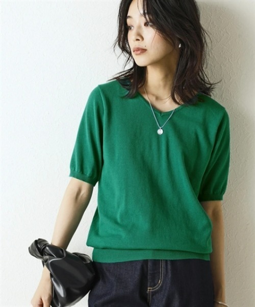 nissen(ニッセン)の「洗えるUVカット綿100%Vネック半袖ニット<大きいサイズ有>(ニット/セーター・レディース・ブルー系その他/グリーン/ブラック/グレイッシュベージュ/ライラック/グレー/オフホワイト・S/M/L/LL/3L)」の14枚目の写真