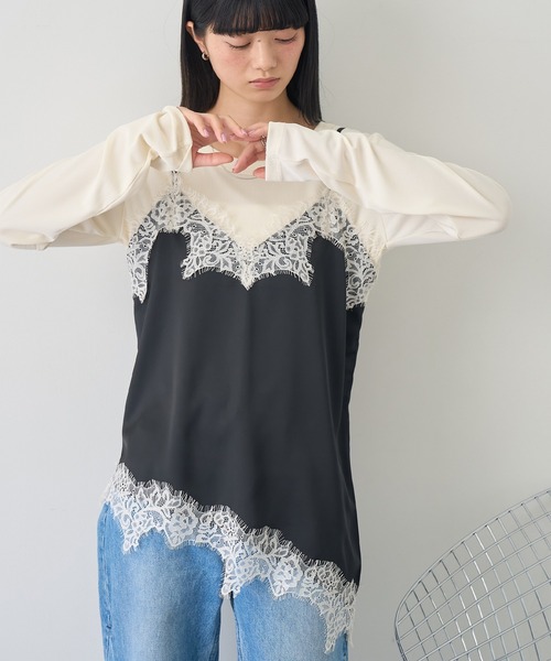 NOGLE（ノグル）の「【NOGLE/ノグル】サテンレースアシメキャミソール（キャミソール・レディース・ブラウン/ブラック×ホワイト/ホワイト/ブラック×ブラック・FREE）」の3枚目の写真