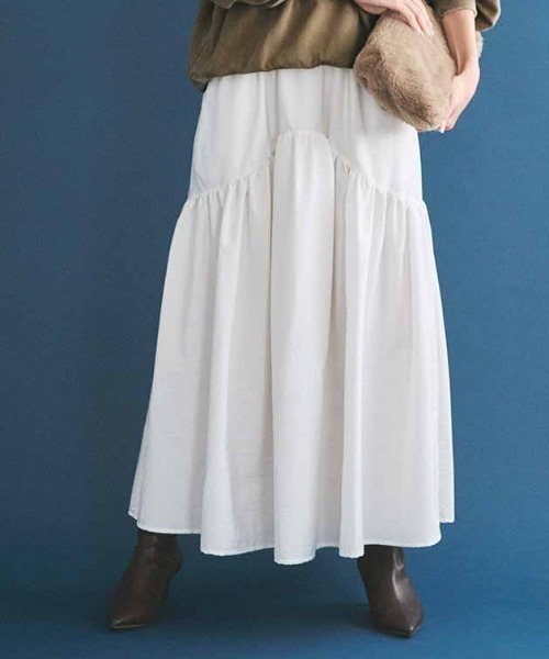 IEDIT（イディット）の「ＩＥＤＩＴ　撥水加工がうれしい　ラウンド切り替えギャザースカート（スカート・レディース・ホワイト/ダークブラウン・L/4L/3L/LL/M/S）」の2枚目の写真