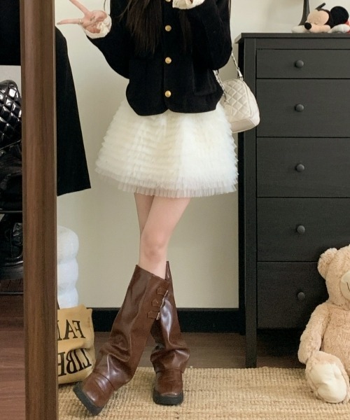 gossip！ロサンゼルス（ゴシップロサンゼルス）の「【Y2Kガーリー】レトロ チュールフリル ティアードミニスカート（スカート・レディース・オフホワイト/ブラウン/ブラック/グレー・FREE）」の15枚目の写真