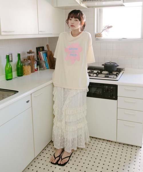 PILIT(ピリット)の「flower×logo tee(Tシャツ/カットソー・レディース・アイボリー/オフホワイト/ピンク・MEDIUM)」の4枚目の写真