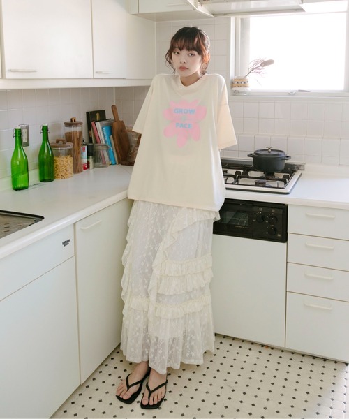 PILIT(ピリット)の「flower×logo tee(Tシャツ/カットソー・レディース・アイボリー/オフホワイト/ピンク・MEDIUM)」の5枚目の写真