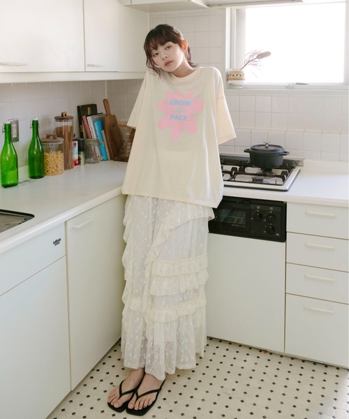 PILIT(ピリット)の「flower×logo tee(Tシャツ/カットソー・レディース・アイボリー/オフホワイト/ピンク・MEDIUM)」の6枚目の写真
