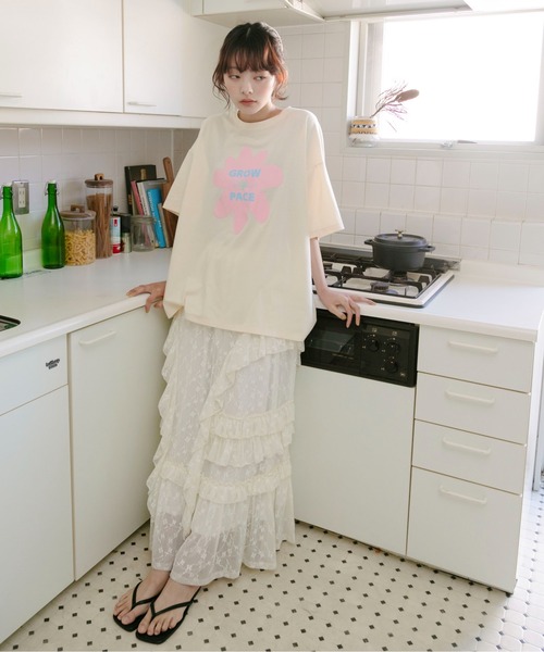PILIT(ピリット)の「flower×logo tee(Tシャツ/カットソー・レディース・アイボリー/オフホワイト/ピンク・MEDIUM)」の8枚目の写真