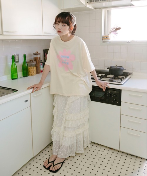 PILIT(ピリット)の「flower×logo tee(Tシャツ/カットソー・レディース・アイボリー/オフホワイト/ピンク・MEDIUM)」の9枚目の写真