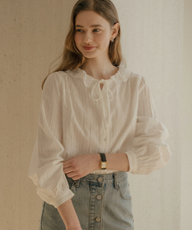 Sweet ribbon round cotton blouse_Ivory