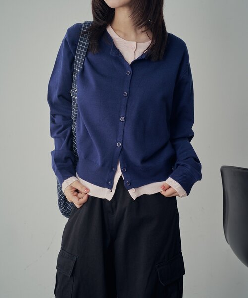 goocy（グーシー）の「【SNSでバズった！】レイヤードライク配色カーディガン（カーディガン/ボレロ・レディース・チャコールグレー/ネイビー/グレー/ブラウン・FREE）」の6枚目の写真